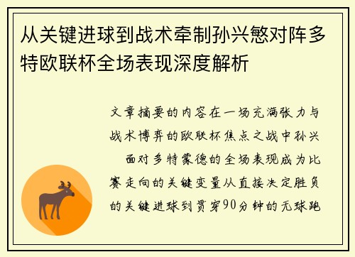 从关键进球到战术牵制孙兴慜对阵多特欧联杯全场表现深度解析 从关键进球到战术牵制孙兴慜对阵多特欧联杯全场表现深度解析