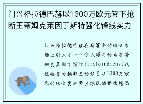 门兴格拉德巴赫以1300万欧元签下抢断王蒂姆克莱因丁斯特强化锋线实力 门兴格拉德巴赫以1300万欧元签下抢断王蒂姆克莱因丁斯特强化锋线实力